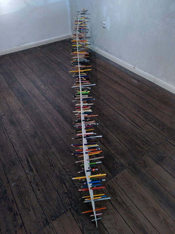 NISCHE (recess) all kind of pencils on holed multiplex plate,  300 x 73,5 cm, 2025
