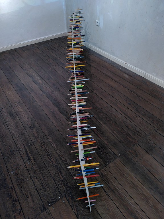 NISCHE (recess) all kind of pencils on holed multiplex plate,  300 x 73,5 cm, 2025