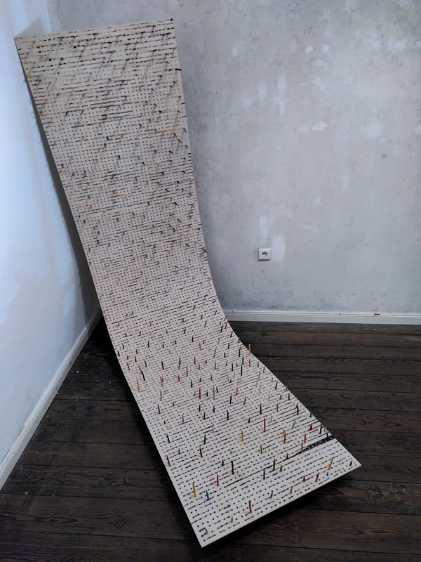 NISCHE (recess) all kind of pencils on holed multiplex plate,  300 x 73,5 cm, 2025