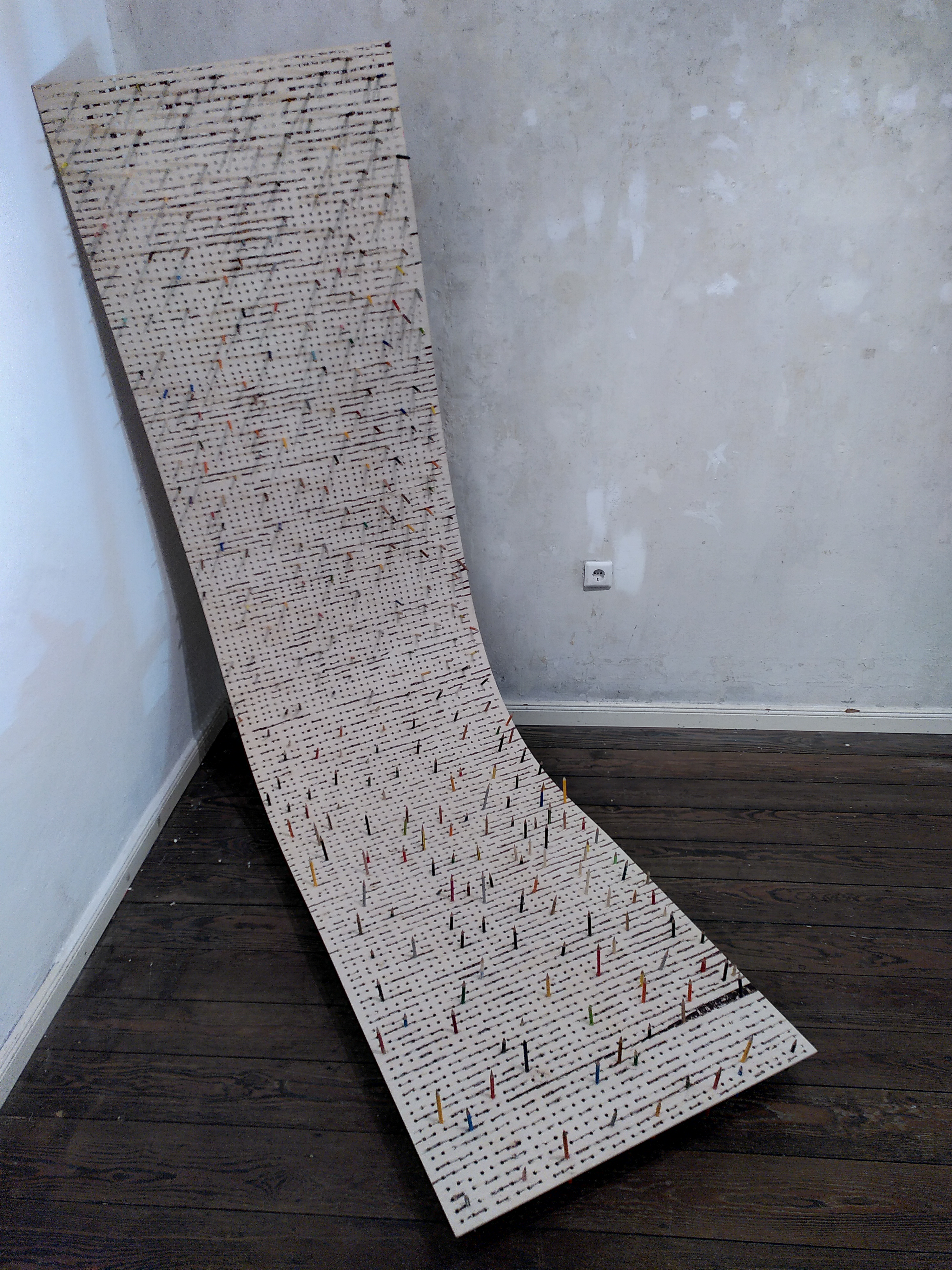 NISCHE (recess) all kind of pencils on holed multiplex plate,  300 x 73,5 cm, 2025